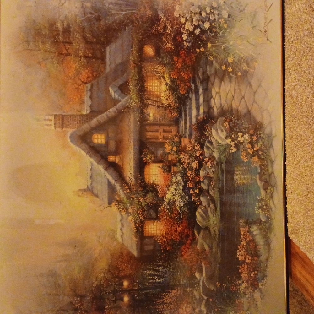 Framed hand painted cottage painting